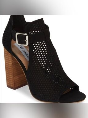 Steve Madden Shauna Black Suede Perforated Block Heel Sandal with Buckle